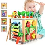 Motorikwürfel Aktivitätswürfel aus Holz 6 in 1 Montessori Spielzeug, Activity Center Baby ab 1 Jahr, Activity Spielzeug Holz Motorikspielzeug Holzspielzeug Lernspielzeug für Klein Kinder Baby