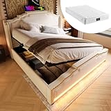Rvjiahe Polsterbett 160x200, Doppelbett mit hydraulischem Stauraum, LED-Beleuchtung und USB-C-Ladeanschluss, Stauraumbett und Jugendbett mit Lattenrost, Samt, Beige, Mit Matratze