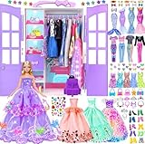92pcs 11.5 Zoll Mädchen Puppe mit Kleidung Zubehör und Schrank Set einschließlich Lange Prinzessin Kleid Outfits Schuhe Handtaschen Halsketten DIY Perlen Aufkleber (einschließen Puppe)