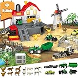 Spielset mit Bauernhoftieren – 49-teiliges Scheunenhaus mit 12 Tierfiguren, Traktoren und Lastwagen, strapazierfähige Spielmatte + Zäune, US-sicherheitszertifiziertes Lernspielzeug für 4–6 Kinder im A