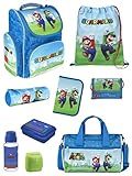 Familando Schulranzen 1. Klasse · ergonomischer Tornister · Schultasche für Jungen und Mädchen (9-teiliges Set mit Sporttasche, Super Mario Game)
