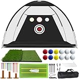 USOR Golf-Netz, 3 x 2,1 x 1,8 m, Golfschläger-Übungsnetz-Set, mit 2 Golf-Trainingsmatten, inklusive einer für Schwungerkennungsmatte, Schlagziel, 15 Golf-Tees, 12 Golfbälle, Driving Range für Garten