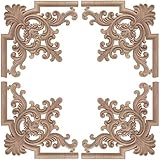 YOKIOU 4 Stück Holz Geschnitzte Applikation Applique Wood Appliques Vintage Style Geschnitzte Blume Ecke Onlay Möbel Nicht lackiert, Holzornamente für Möbel Tür Schrank Wand (15CM)