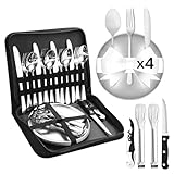 Cynrikah Camping Geschirr 4 Personen, 20PCS Camping Besteck Set Edelstahl Camping Picknick Zubehör mit Flaschenöffner&Steakmesser, Löffel Gabel Messer Teller für Camping/Grillen/Wandern