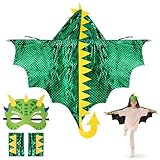 Aomig Dinosaurier Umhang Kinder 3Pcs Grün Drachenflügel Cosplay Kostüm Cape mit Dino Maske Drachen Mantel Kleidung Kinderkostüm Rollenspiel Halloween Karneval Fasching Maskerade Jungen Mädchen 110cm