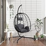 Somanki Hängesessel Ei mit Kissen, Garten Möbel, Hängesessel Outdoor, Jugendzimmer, Hängestuhl, Hanging Chair, Liebesschaukeln, Hängeschaukel Outdoor, Anthrazit Poly Rattan & Stahl