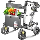 KESSER Rollator Aluminium Set, Leichtgewicht-Reiserollator mit Vollausstattung, 3-fach faltbar für Kofferraum klappbar Reise und Flug, Höhe verstellbar, Gurt, Stockhalter Gehwagen Laufhilfe Gehhilfe