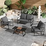 LATICO Gartenmöbel Set, Balkonmöbel Lounge Möbel Outdoor Sofagarnitur, Doppelsofa 2 Sessel mit Kissen, Glastisch Couchtisch mit Aufbewahrungsschicht, Gartenlounge Möbel Terrassenmöbel Außen, Schwarz