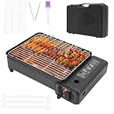 Tragbarer Camping Gasgrill,Tischgrill Gas mit 2*Grillnetz und Koffer, Butan-Herd, BBQ-Grill für Outdoor-Kochen,mit Piezo-Zündvorrichtung, Gas Grillplatte für Campings, Reisen, Trekking