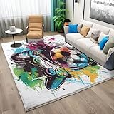 Teppich 120x170 cm rutschfest Waschbar Teppich, Sportthema Fußball Graffiti Gamecontroller Druck Teppich für Dekoration Schlafzimmer Kinderzimmer Wohnzimmer Kurzflor Weiß Läufer
