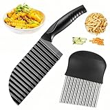 2 Stück Buntmesser für Wellenschnitt Aus Edelstahl, Welliges Kartoffelmesser, Wellenmesser, Riffelmesser Wellenschneider Gemüse, Wellenschnittmesser für Gemüse Obst Frucht Kartoffel, Schwarz