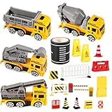 20 Stück Mini Verkehrsschilder Kinder - Baustelle Miniatur Spielzeug Set - mit Bagger, Baustellenfahrzeuge, DIY Klebeband Straße, Straßenzäune, Straßensperre, Warnkegel - Simuliertes Verkehrsspiel