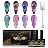 Shining She UV Nagellack Cat Eye 9D,4 Farben Rosa Grün Violett Gel Nagellack Set Mit Magnet,Soak-Off UV Nagellack Set Chamäleon Glitter für French Manicure DIY zu Hause,8ML