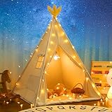 LIONHERZ® Tipi Zelt für Kinder aus 100% Baumwolle mit Kuschelmatte,Tragetasche und Federschmuck [Stabil] Tippi Kinderzelt Teepee Spielzelt (Cremeweiß)