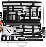 28pcs Perfektes Grill Set für Männer Geschenk - Grillkoffer mit Grillmatte für Männer - Komplette Grillset Edelstahl Grillbesteck mit Aluminium Aufbewahrungskoffer für Männer Papa Frauen