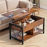 YITAHOME Couchtisch mit anhebbarer Platte, 2-stufiger Stauraum & verstecktem Fach. Höhenverstellbar für Wohnzimmer oder Büro, 90 x 48 x 44.5-59.2 cm, Vintage-Braun