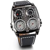 JewelryWe Herren Armbanduhr, Leder Legierung, Elegant Analog Quarz Kompass Thermometer Armband Uhr mit Zwei Zifferblättern, Schwarz