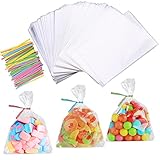 Faburo 200 Cellophantüten Klar 10x15 cm Zellophantüten Tütchen Transparent Kleine Tüten für Süßigkeiten Plastiktüten mit 200 Twist Bindungen OPP Geschenktüten Durchsichtig für Kindergeburtstage