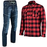 Vaster Moto Motorradhemd und Jeans für Herren, 2-teiliges Set, Motorraduniform, gepanzerter Schutz, Motocross, Kevlar-Futter, Blaue Jeans + rotes Hemd, S