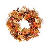Herbstkranz für Haustür, 40 cm künstliche Ahornblätter mit Licht, Türkranz, Herbstkürbisse, Beeren, Tannenzapfen, Dekorationen für die Haustür, Erntedankfest, Dekor für Halloween/Weihnachten/Hochzeit