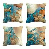 LHAIFA Blaugrün-goldene Kissenbezüge, Couchkissen für Wohnzimmer, 45,7 x 45,7 cm, 4 Stück, blaugrün und gold, modern, abstrakt, dekorative Kissen für Couch, Bett, Wohnzimmer, Sofa, Outdoor,