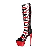Veelau Meieer Damen Schnürstiefel mit Stiletto Plateausohle Gladiator High Heels Stiefel bis zum Knie Lack Schwarz Rot 39 EU