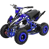 Actionbikes Motors Kinder Quad Elektro ATV Racer | 𝟑𝟔 Volt 𝟭𝟬𝟬𝟬 Watt Motor bis 𝟐𝟒 km/h - Kinderquad - Pocket Quad - Safety Touch Fußschalter - Für Kinder ab 8 Jahren (1000 Watt Schwarz/Blau)