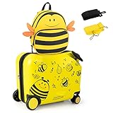 COSTWAY 2tlg Kinderkoffer + Rucksack, 12'+18' Kindertrolley mit Rollen und wasserdichter Hartschale, Kindergepäck, Rollkoffer mit Rucksack für Jungen und Mädchen (Bienen)