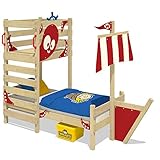 WICKEY Abenteuer-Bett Crazy Bounty Kinderbett 90x200 Spielbett für Kinder mit Lattenboden, Spielpodest und Schiffanbau, rot