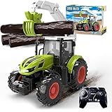 Traktor Spielzeug ab 3 Jahre, Ferngesteuerter Traktor Ferngesteuert ab 3 4 5 6 Jahre, rc Traktor Spielzeug, trecker Spielzeug Kinder grün mit Licht, Holzgreifer und 3 Baumstämme