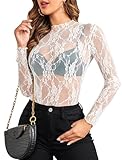 Avidlove Damen Sexy Top Langarm Bodys Elegant Bluse Spitze Oberteil Festival Outfit Mesh Shirt Sommer Rave Weiß XXXL