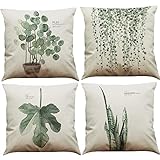BINXWA 4 Stück Kissenbezug 45x45,Grünes Blatt Thema Deko Kissenbezug Baumwolle Leinen Kissenhülle Sofa Kissenbezug Outdoor Garten deko