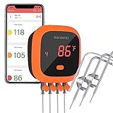 Inkbird IBT-4XC Fleischthermometer Kabellos, Grillthermometer Bluetooth 5.1 Signal 50m, IPX5 Wasserdicht, mit 3 Temperaturfühlern 1 Ofensonde, Wiederaufladbar Bratenthermometer für Grill BBQ Smoker