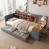 Dolamaní Jugendzimmer Kinder Bett 90x200 cm mit 2 Schubladen und Schreibtisch, Tagesbett Polsterbett mit USB + Typ C, funktionsbett mit Ablagefach, Leinen (ohne Matratze) (Grau A)