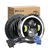 PICAA 7 Zoll LED Scheinwerfer für Motorrad mit Amber Halo Blinker, Weißem Tagfahrlicht (DRL) Abblend-/Fernlicht – Kompatibel mit Jeep Wrangler JK TJ CJ LJ Davidson Street Glide(2 Stück)