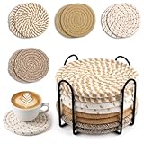 Wozzies 8 STK Untersetzer Gläser, Glasuntersetzer Rund für Gläser mit Halter, Getränkeuntersetzer, rutschfest Tischuntersetzer Geflochtenes Baumwolle, für Verschiedene Tassen