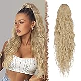 FESHFEN Lange Zopf Pferdeschwanz Haarextension mit kordelzug Lang Wellig Lockig Aschblond Synthetik Haarverlängerung Natürliches Clip in Haarteil Ponytail Kunsthaar Haarzopf für Damen 65cm