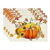 Artoid Mode Kürbisse Ahornblätter Sonnenblumen Herbst Platzsets 4er Set, 30x45cm Urlaub Tischsets Waschbar Platzdeckchen Küche Party Deko