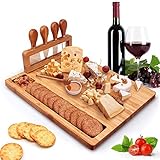 Bambus Käsebrett Käsemesser Set Charcuterie Platte und Servierbrett, Holz Servierplatte, Geschenk für Weihnachten Hochzeit Geburtstag