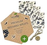 ecolly Bienenwachstücher 3er-Set (S, M, L), Bienenwachspapier, Beeswax Wrap, Plastikfrei & wiederverwendbar, OHNE Jojobaöl, inklusive Knopf & Baumwollfaden - Blue Flowers