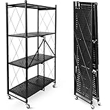 holz4home deluxe4home® Klappbares Regal mit Rollen Schwarz I 4 Fächer/Böden Rollbares Faltregal als Kellerregal Abstellraum I Rollregal Ordnungssystem einfach verstaubar