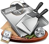 flammtal - Grillplatte aus 4mm rostfreiem Edelstahl [40 x 30cm] - Plancha Grillplatte mit Grillspachtel Set & Burgerpapier - Grillplatte Gas- & Kohlegrill - auslaufsichere Ecken für sauberes Grillen