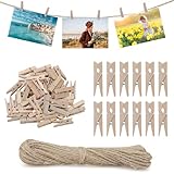150 Stück Hölzerne Mini Holzklammern, 3,5cm Wäscheklammern mit 10m Juteschnur, kleine Klammern zum Aufhängen von Fotos, Postkarten, Kleidung, DIY-Dekoration