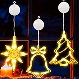 BrizLabs Fenster Weihnachtsbeleuchtung, 3 Stück Innen Fensterlichter Weihnachtsbaum Glocke Nordstern Batteriebetriebene Hängend Saugnäpfe für Weihnachten Bäume Haus Außen Garten Balkon Party, Warmweiß