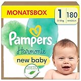 Pampers Baby Windeln Größe 1 (2-5 kg) Harmonie, 0% Kompromiss, Inhaltsstoffe pflanzlichen Ursprungs, hypoallergen, 180 Babywindeln