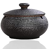 Panngu Windaschenbecher Schwarz Retro Keramik, Aschenbecher mit Deckel für Draußen, Einfachheit Zigarren Aschenbecher für Zuhause und Büro Dekoration (11.5X8.5cm)