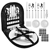 LANSKYLAN 13 Teiliges Camping Besteck Set Portable Campingbesteck Picknick Set 2 Personen Reise Geschirr Edelstahl Picknicktasche mit Löffel Gabel Teller Camping Cutlery Set for 2 Camping Picknick