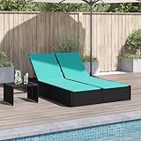 Qnhdfrt Doppel-Sonnenliege 200x123x72 cm Schwarz Polyrattan verstellbar mit 6 cm türkis gepolsterten Kissen, klappbarer Gartenliege für Terrasse Balkon Camping