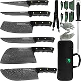 Topbutcher Koch-Metzger-Messer-Set Professional- Schwarzer Panther Print Japanischer Damast - Griff mit festem Griff - inklusive Messerscheide, Messerschärfstab, Messerbox Messerset