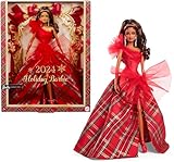 Barbie 2024 Holiday Puppen, saisonales Sammlergeschenk, Signature, Kariertes Kleid mit roter Schleife, vorzeigbare Verpackung, hellbraunes Haar, HRM67